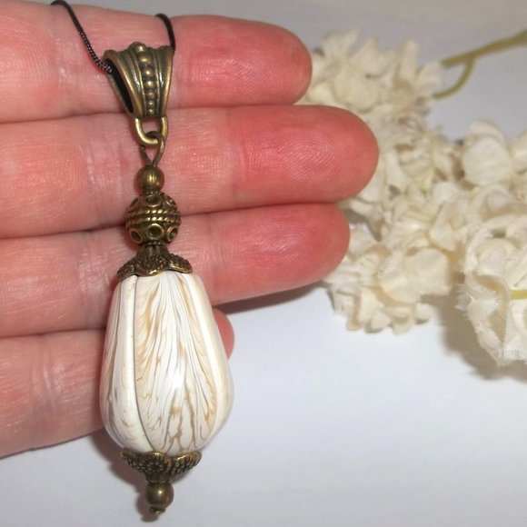 wvluckygirl Jewelry - Boho Statement Necklace Pendant Cream Brown Bronze Bohemian Rustic Style 7110